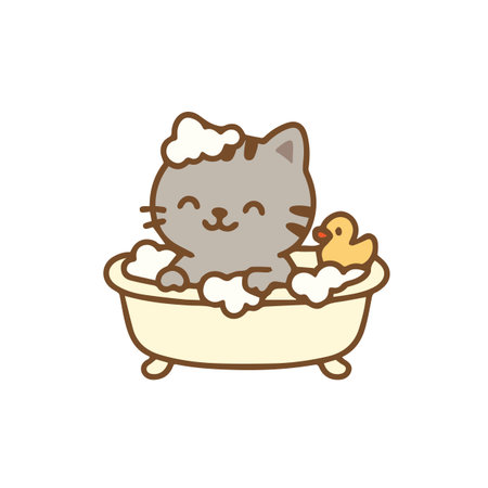Cute Cartoon Cat Taking a Bubble Bath with a Rubber Duckのイラスト素材