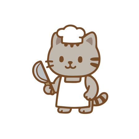 Chef Cat with Ladle and Apron Adorable Culinary Cartoonのイラスト素材