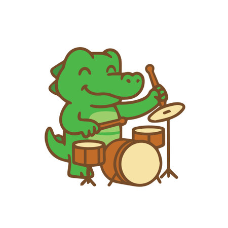 Happy Crocodile Drummer Playing a Drum Setのイラスト素材