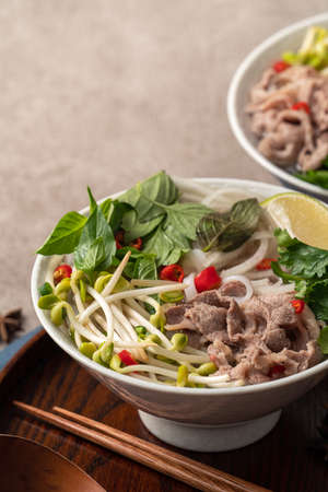 Close up of delicious vietnamese beef noodles pho in a bowl with ingredients with copy space.