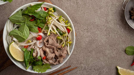 Top view of delicious vietnamese beef noodles pho in a bowl with ingredients with copy space.の写真素材