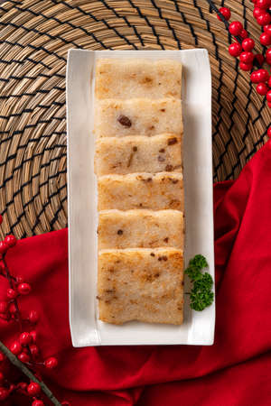 Top view of delicious Chinese radish cake for lunar new year celebration cuisine.