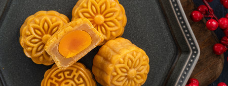 Delicious Cantonese moon cake with lotus seed pastry and salted egg yolk for Mid-Autumn Festival...