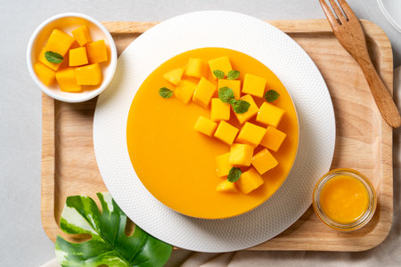 Delicious glazed mango no baked cheese cake with fresh diced mango pulp topping in a plate for serving on bright table background.の写真素材