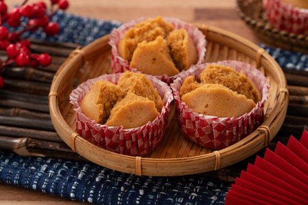 Delicious Chinese steamed sponge cake named Fa Gao for lunar new year festival traditional food on...