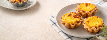 Delicious Portuguese egg custard tart puff pastry, Pastel de nata in flower shape.