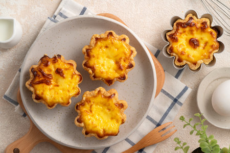 Delicious Portuguese egg custard tart puff pastry, Pastel de nata in flower shape.