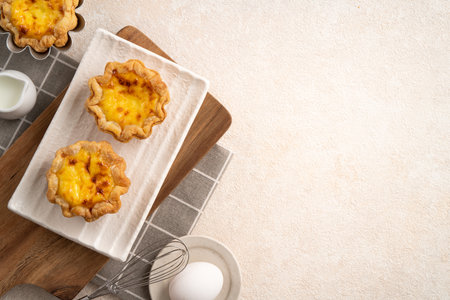 Delicious Portuguese egg custard tart puff pastry, Pastel de nata in flower shape.