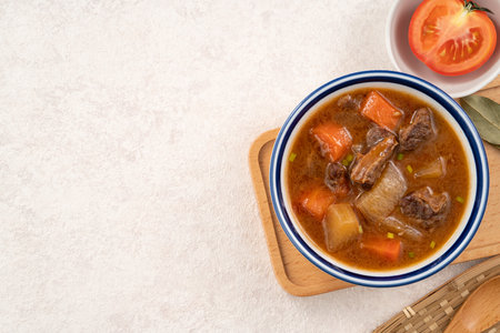 A warm bowl of tomato flavor beef stew with carrots and radish.の写真素材