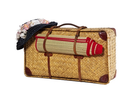 antique suitcases and antique Hat with Flower on white Backgroundの写真素材