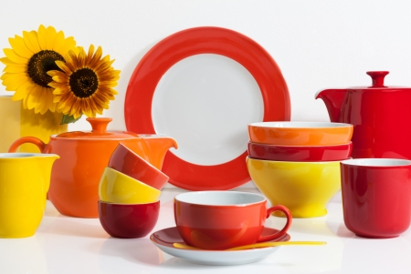 Summer Multi colored Dishware with Sunflowerの写真素材