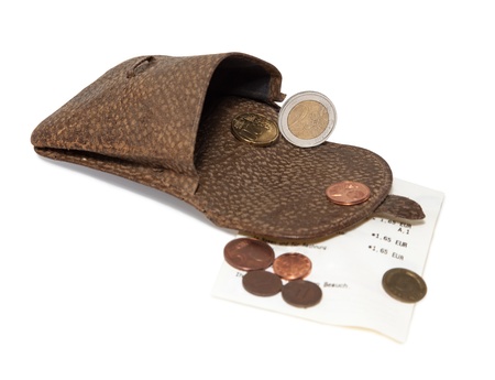 Old-fashioned Purse with some euros coins and Bill  isolated on white background