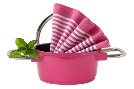 Pink Pan with kitchen towel, mint and cooking top isolated on whiteの写真素材