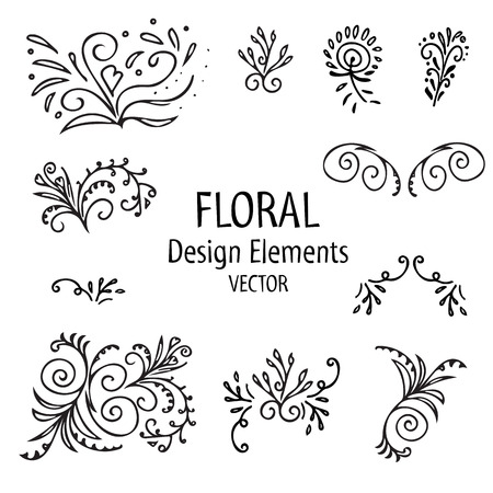 Vintage graphic set of flowers, branches, leafs design elements. Isolated floral shapes for crafting bouquets, frames, borders.のイラスト素材