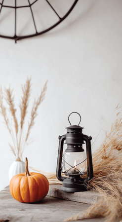 Atmospheric poster-style composition featuring a lantern and pumpkin in soft shadows. The warm glow and dark background evoke a mysterious seasonal mood.の素材