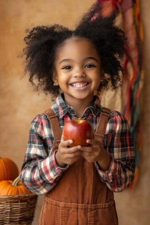 A young black girl with afro puffs, wearing a plaid flannel shirt and overalls, on a dusty mustard background, holding an apple and smiling, mini pumpkins in the corner, cozy, festive mood.の素材