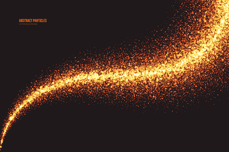 Abstract bright golden shimmer glowing round particles in twister shape vector background. Scatter shine tinsel light explosion effect. Burning sparks. Celebration, holidays and party illustrationのイラスト素材
