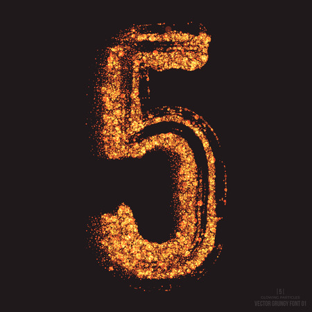 Vector grungy font 001. Number 5. Abstract bright golden shimmer glowing round particles vector background. Scatter shine tinsel light effect. Hand made grunge shape design elementのイラスト素材