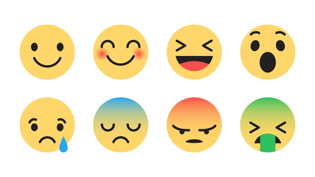 Flat Design Vector Emoticons Set with Different Reactions for Social Network Isolated on White Background. Modern Emoji Collectionのイラスト素材