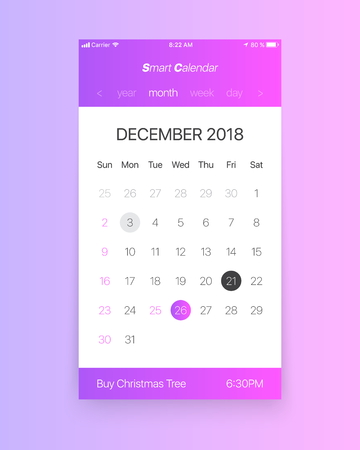 Vector Smart Calendar App Concept December 2018 Page with To Do List and Tasks UI UX Design Mockup for Mobile Phone. Planner Application Template for Smartphoneのイラスト素材