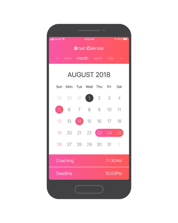 Smart Calendar App Concept August 2018 Page with To Do List and Tasks Vector UI UX Design Mockup for Mobile Phone. Planner Application Template for Smartphoneのイラスト素材