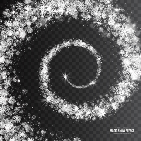 Vector Christmas Magic Swirling Snow Effect with Realistic Bright Silver Snowflakes and Lights Overlay on Transparent Background. Merry Xmas and Happy New Year Holidays Abstract Illustrationのイラスト素材