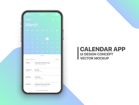Calendar App Concept March 2019 Page with To Do List and Tasks UI UX Design Mockup Vector on Frameless Smartphone Screen Isolated on White Background. Planner Application Template for Mobile Phoneのイラスト素材