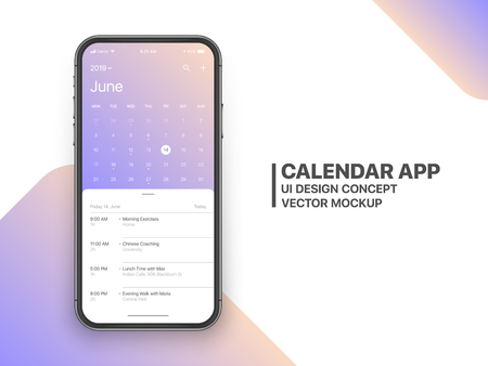 Calendar App Concept June 2019 Page with To Do List and Tasks UI UX Design Mockup Vector on Frameless Smartphone Screen Isolated on White Background. Planner Application Template for Mobile Phoneのイラスト素材