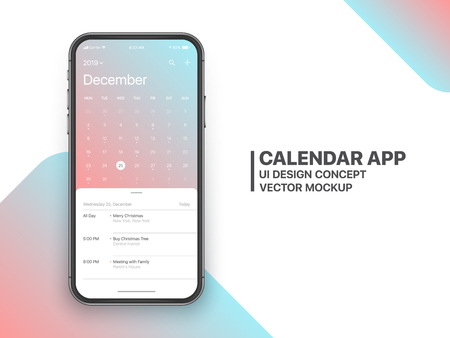 Calendar App Concept December 2019 Page with To Do List and Tasks UI UX Design Mockup Vector on Frameless Smartphone Screen Isolated on White Background. Planner Application Template for Mobile Phoneのイラスト素材