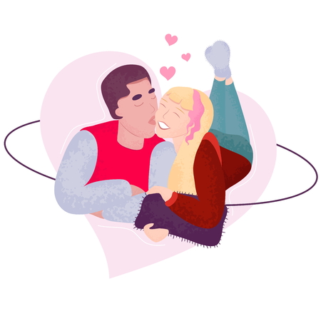 Young Couple in Love Boyfriend and Girlfriend Are Lying Together and Kissing on Pillows Romantic Art Vector Illustration Isolated on White Background. Guy and Girl Celebrate Valentine's Day at Homeのイラスト素材