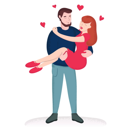 Young Couple in Love Guy Holds Girl in His Arms Romantic Retro Art Vector Illustration Isolated on White Background. The Boyfriend With the Girlfriend on a Date on Valentine's Day. She Said Yesのイラスト素材
