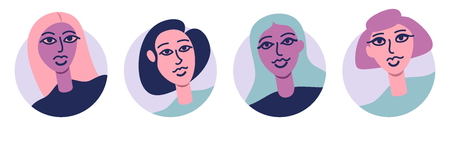 Group Of Young Beautiful Women Avatar Icon Set Flat Vector Illustration Isolated On White Background. Girls Power. Modern Stylish Womanのイラスト素材