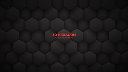 3D Vector Technological Hexagon Pattern Dark Mode Abstract Background. Conceptual Sci-Fi Tech Hexagonal Blocks Structure Minimalism Art Black Wallpaper. Clear Blank Subtle Textured Banner Backdropのイラスト素材