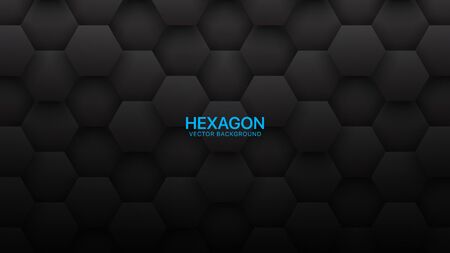 3D Vector Hexagon Tech Structure Abstract Black Background. Science Technology Hexagonal Blocks Pattern Conceptual Dark Gray Wallpaper. Clear Blank Subtle Textured Banner Empty Backdropのイラスト素材