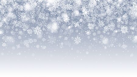 Winter Season Vector Falling Snow With Transparent Snowflakes And Lights Overlay On Light Blue Background. Merry Christmas And Happy New Year Holidays Clear Blank Subtle Design Backdropのイラスト素材
