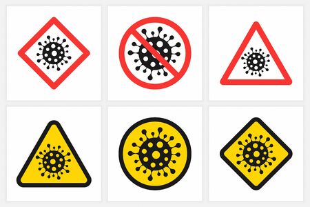Set Of Different Stop, Attention, Warning, Alert, Danger, Caution Novel Coronavirus 2019-NCOV COVID-19 Signs Vector Illustration Isolated On White Background. Prohibition Corona Virus Iconsのイラスト素材