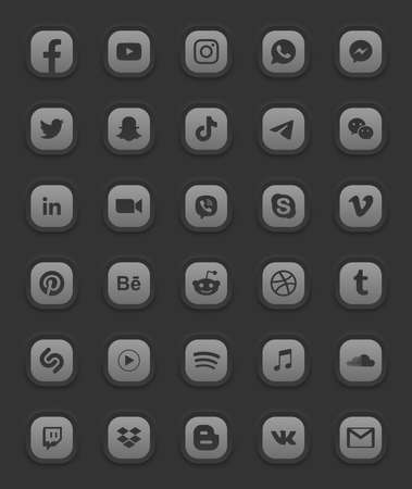 Popular Social Media Network Dark Mode Modern 3D Web Icons Vector Set. Facebook Youtube Instagram Whatsapp Twitter Tiktok Behance Linkedin Zoom Snapchat Skype Wechat Reddit Pinterest Spotify Googleのeditorial素材