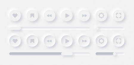 Online Video Media Player UI Neumorphism Light Version  Design Elements Set On White Background. UI Components Buttons, Bars, Sliders In Elegant Neumorphic Style For Apps, Websites, Interfacesのイラスト素材