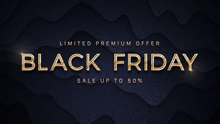 Black Friday Sale Elegant Luxury Elite Golden Typography Design Vector Abstract Background. Golden Text Black Friday On Wavy Smooth Lines 3D Dark Blue Background With Silver Confetti
