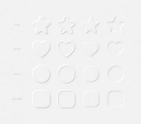 Light Neumorphic Vector Design Elements Rounded Star Heart Circle Square In Different Variations On Light Background. Neumorphism Buttons For Mobile Or Web Applicationのイラスト素材