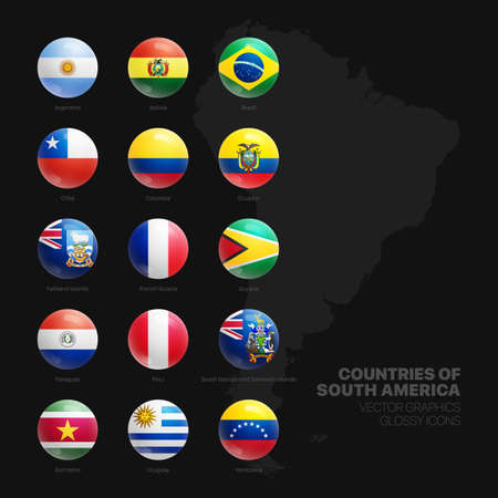 South America Countries Flags Vector 3D Glossy Icons Set Isolated On Black Background. American Official National Flags Vivid Bright Color Bulging Round Buttons Design Elements Collectionのイラスト素材