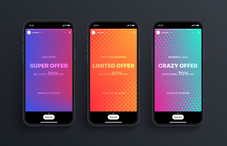 Social Media Networks Stories Timeline Carousel Vector Bright Vivid Design Template On Photorealistic Smartphone Screen Isolated On Dark Background. Abstract Background For Online Story