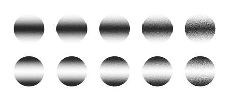 Dotwork Hand Drawn Stippled Circles Vector Abstract Shapes Set In Different Variations Isolated On White Background. Various Degree Black Noise Stipple Dots Round Design Elements Collectionの写真素材