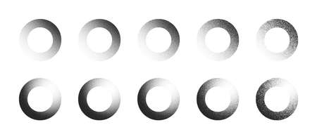 Stippled Circles Hand Drawn Dotwork Vector Abstract Shapes Set In Different Variations Isolated On White Background. Various Degree Black Noise Dotted Round Design Elements Collectionのイラスト素材