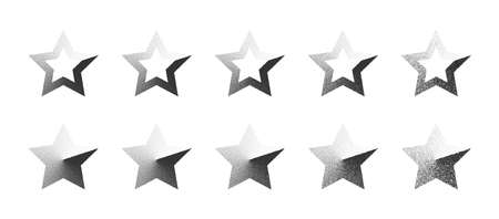 Star Shape Stippled Clockwise Gradient Hand Drawn Dotwork Vector Abstract Shapes Set In Different Variations Isolated On White Background. Various Degree Black Noise Dotted Design Elements Collectionのイラスト素材
