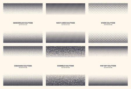 Different Variations New Halftone Texture Vector Abstract Geometric Pattern Set Isolated On White Background. Various Half Tone Gradient Collection Semi Circle Wavy Line Star Checkers Scribble Pop Artのイラスト素材