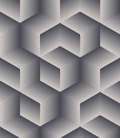 Linear Hatch Cube Shapes Vector Seamless Pattern Graphic Abstract Background. Striped Isometric Cubic Modern Geometric Regular Continuous Wallpaper. Repeating Cubical Structure Retro Art Illustrationのイラスト素材