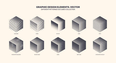 Assorted Various Patterned 3D Cube Vector With Different Geometric Textures Set Isolated On White Background. Modern Graphic Various Black White 3D Cubes Variety Pattern. Collection Of Design Elementsのイラスト素材