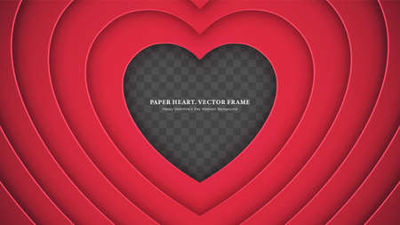 Crimson Papercut Layered Paper Heart Frame Happy Valentine's Day Background. 3D Cutout Cardboard Decorative Red Heart Shapes Love Symbol Romantic Art Wallpaper. Valentines Day Heart Transparent Borderのイラスト素材