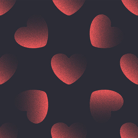 Vector Dotted Classic Hearts Vintage Seamless Pattern Valentine's Day Red Black Background Abstract Romantic Art Wallpaper. Stipple Effect Graphic Heart Love Symbol Repetitive Wrapping Paper Textureのイラスト素材